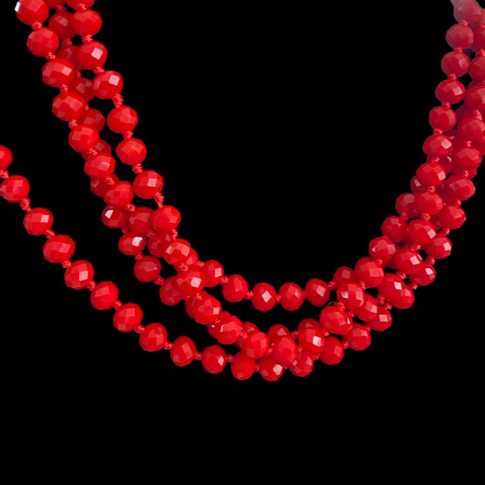 Faceted Vintage Red Crystal Glass Beaded Necklace 60”L